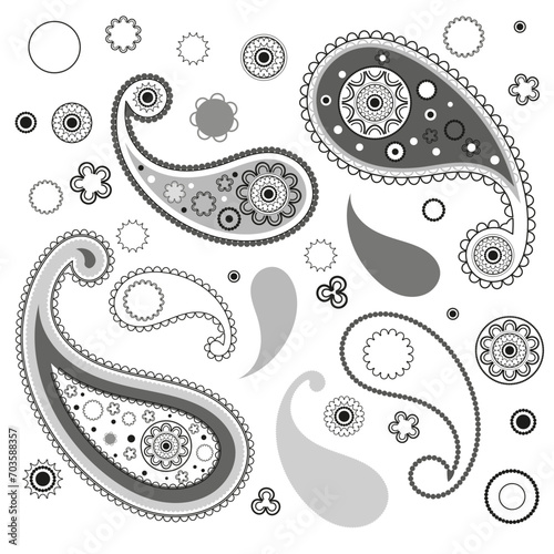 Set of vector paisley materials on white background.