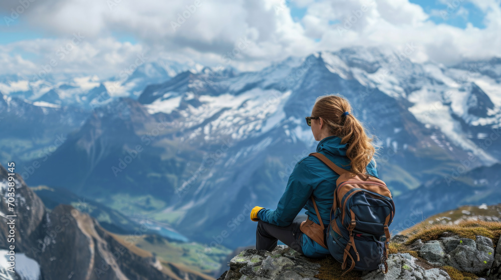 woman enjoying the view from a mountain summit, alpine background generative ai woman enjoying the view from a mountain summit, alpine background generative ai