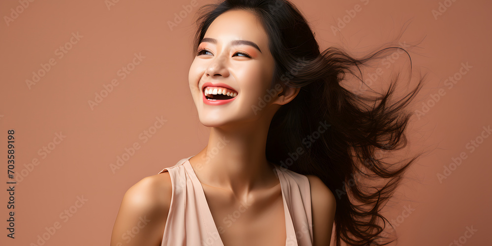 Portrait of a Smiling Long Haired and Young Asian Woman with Copy Space Background, for Beauty, Fashion, Skincare or Cosmetic Products Portrait of a Smiling Long Haired and Young Asian Woman with Copy Space Background, for Beauty, Fashion, Skincare or Cosmetic Products