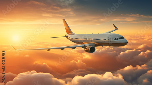 A majestic commercial airliner soaring above the clouds at sunset with the suns golden rays reflecting off its sleek body.