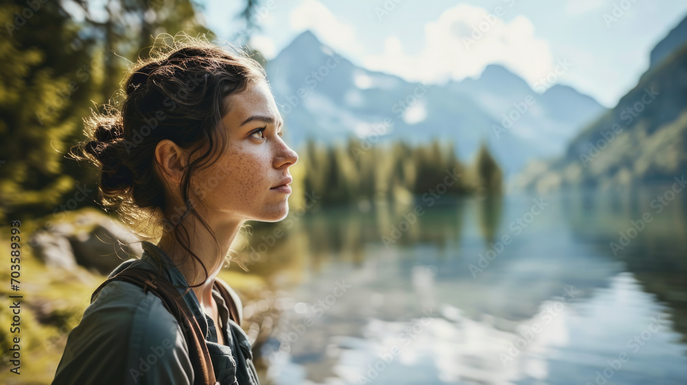 woman with a peaceful expression near a tranquil lake, mountain background generative ai woman with a peaceful expression near a tranquil lake, mountain background generative ai