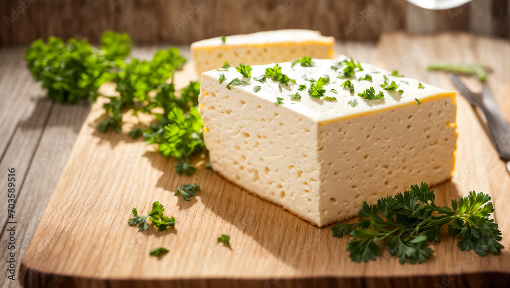 Fresh tofu cheese with parsley in the kitchen