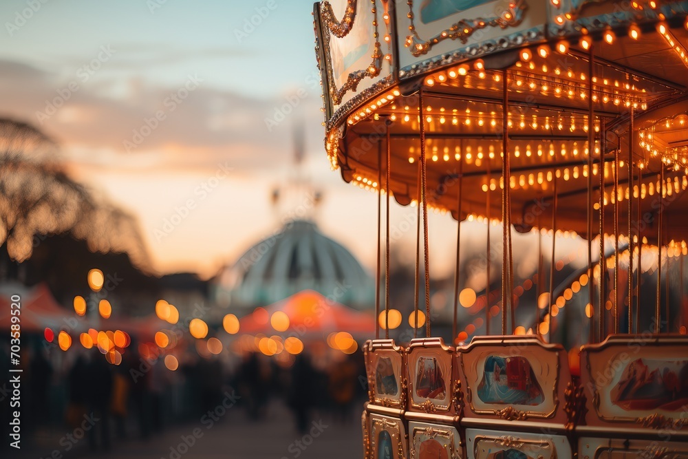 Colorful amusement park. Merry go round, circus and funfair carousels. Fantasy playground entertainment concept - obrazy, fototapety, plakaty 