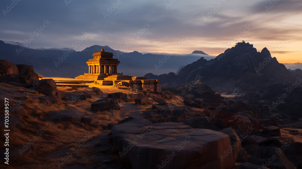 An ancient temple illuminated by the first light of sunrise set against a backdrop of mountains.