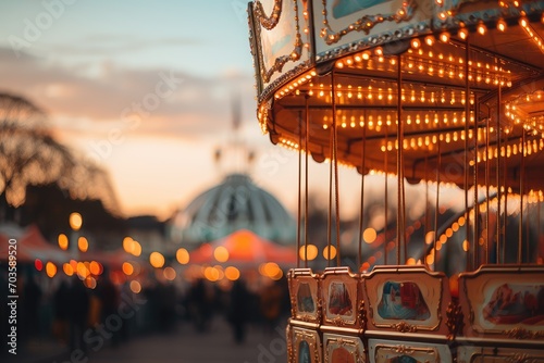 Colorful amusement park. Merry go round, circus and funfair carousels. Fantasy playground entertainment concept photo