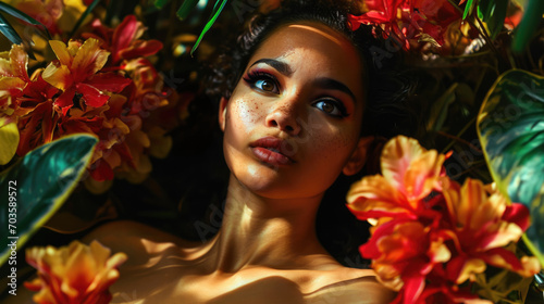 woman with sun-kissed skin among tropical flowers generative ai