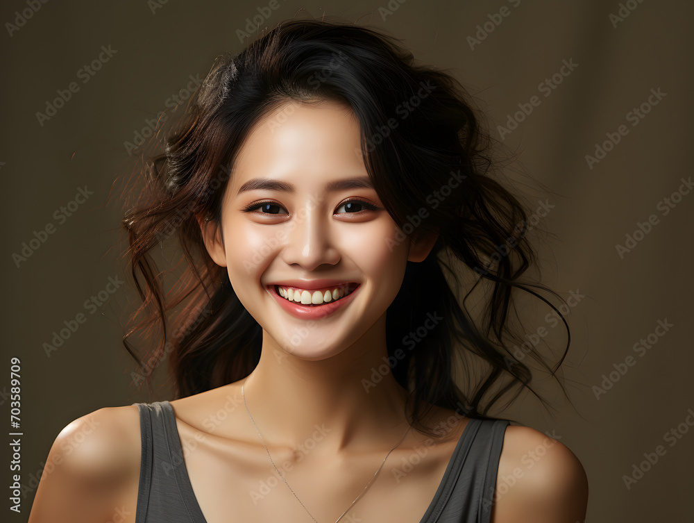 Portrait of a Smiling Long Haired and Young Asian Woman with Copy Space Background, for Beauty, Fashion, Skincare or Cosmetic Products Portrait of a Smiling Long Haired and Young Asian Woman with Copy Space Background, for Beauty, Fashion, Skincare or Cosmetic Products