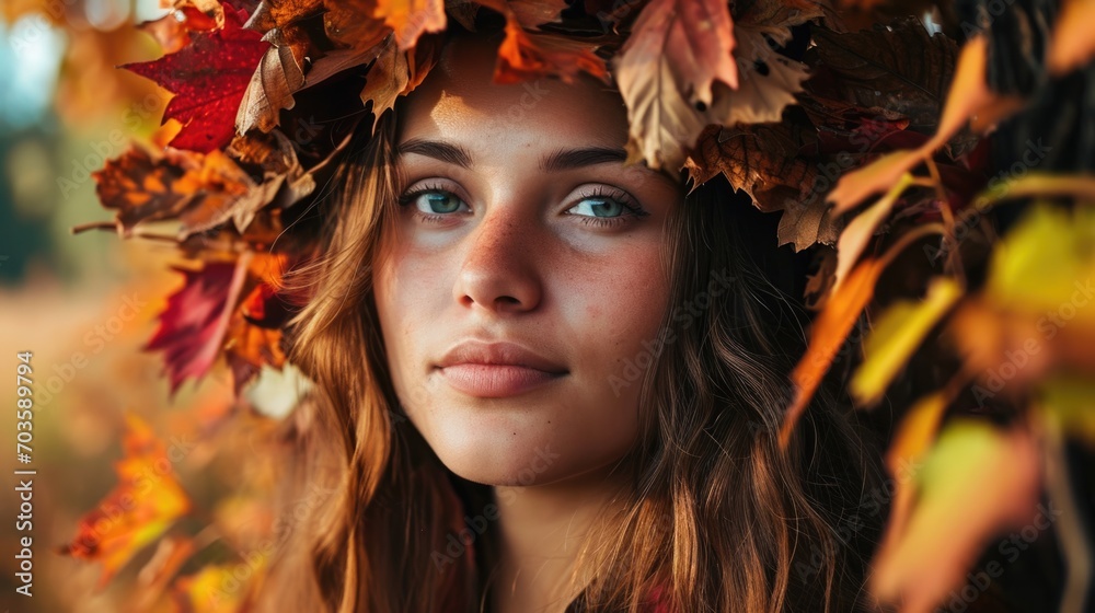 woman with vibrant autumn leaves in her hair generative ai