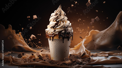 Commercial photo about a vanilla icecream with syrup cocoapowder chocolate and melted icecream exploding photo