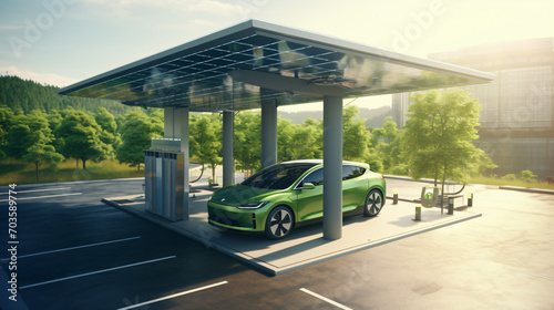 An autonomous electric car charging at a solar-powered charging station in a green city environment.