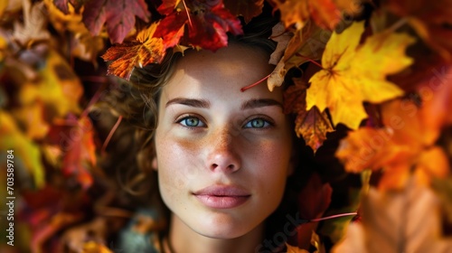 woman with vibrant autumn leaves in her hair generative ai