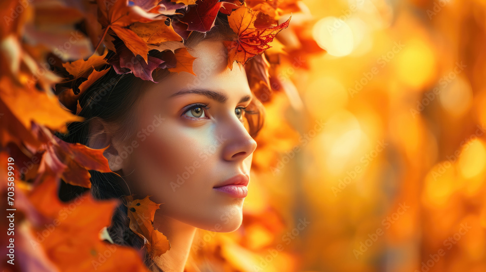 woman with vibrant autumn leaves in her hair generative ai woman with vibrant autumn leaves in her hair generative ai