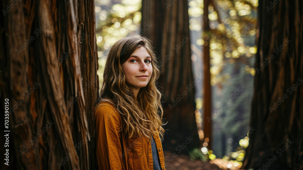 Woman with a confident gaze standing among redwood trees, forest background generative ai Woman with a confident gaze standing among redwood trees, forest background generative ai
