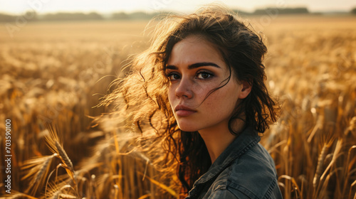 woman with windblown hair in a field of golden wheat generative ai