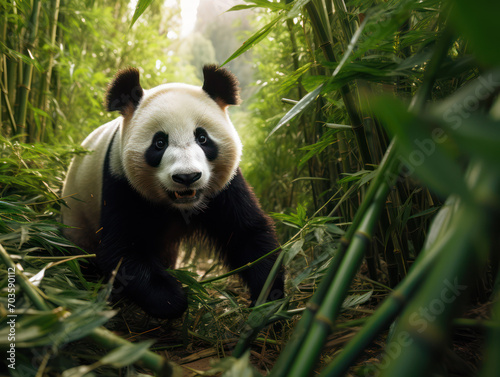 Baby panda walking on a path in the middle of the forest  panda walking in its natural habitat