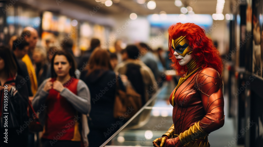 An exciting comic book convention bustling with fans and cosplayers.