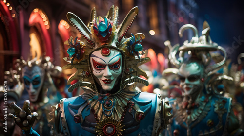 An extravagant carnival parade with elaborate floats and costumes. © John