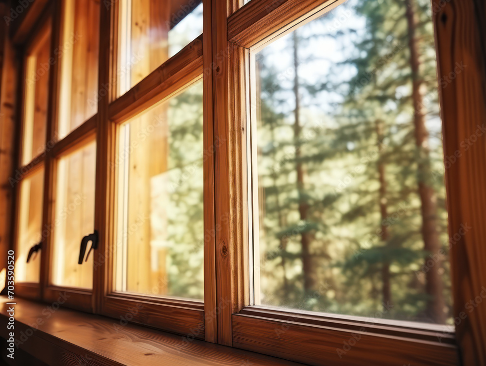 Obraz premium Wooden window with window grilles, green tall trees outside