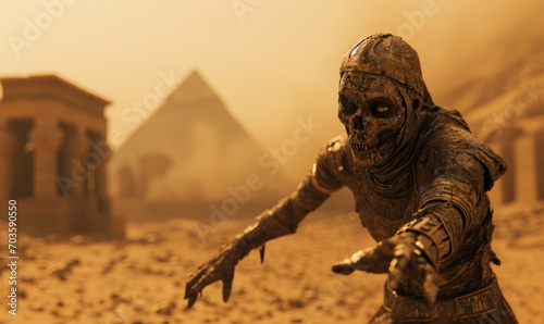 Scary evil mummy climbs out of an ancient Egyptian tomb. Halloween. Ancient Egyptian mythology. Sand storm.