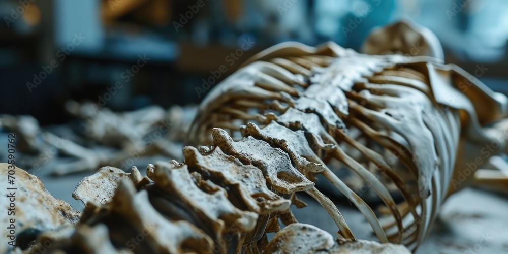 A detailed view of a skeleton on display in a museum. Perfect for educational materials or scientific presentations