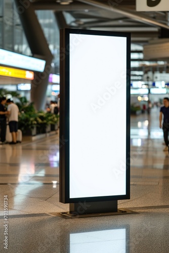 A blank billboard stands in an airport terminal. Perfect for advertising or displaying important information