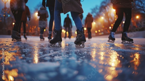 A group of people enjoying ice skating on a rink. Perfect for winter sports and recreational activities