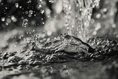 A striking black and white photo capturing a dramatic splash of water. This image can be used to add a dynamic element to various design projects