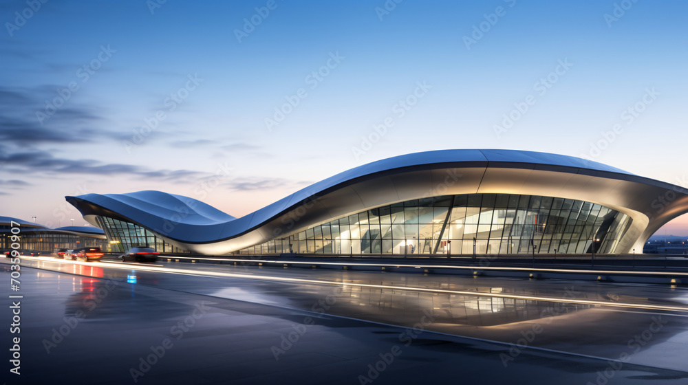 An ultra-modern airport terminal with sweeping curves and futuristic design elements.