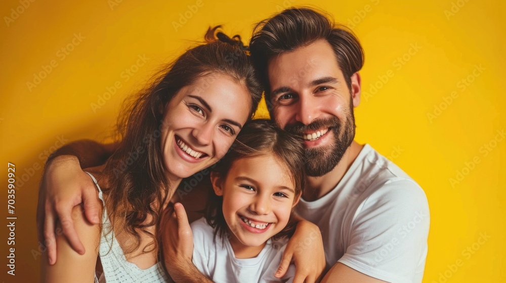 A picture of a man, woman, and child posing together for a photograph. This versatile image can be used in various contexts A picture of a man, woman, and child posing together for a photograph. This versatile image can be used in various contexts