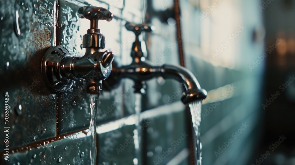 A detailed view of a faucet mounted on a tiled wall. This image can be used to depict modern bathroom designs or plumbing concepts A detailed view of a faucet mounted on a tiled wall. This image can be used to depict modern bathroom designs or plumbing concepts