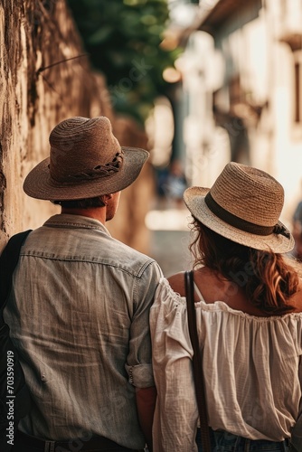 A man and a woman walking down a street. Suitable for urban lifestyle and couple themes
