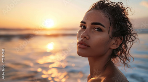 Woman with a serene expression on a serene beach at sunrise, ocean background generative ai