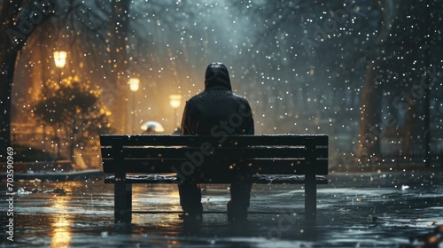 A person sitting on a bench in the rain. Can be used to depict solitude or contemplation in a rainy setting photo