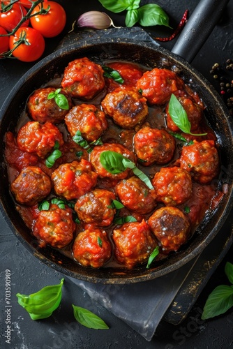 A pan filled with delicious meatballs covered in a rich tomato sauce. This versatile image can be used in various culinary contexts or to showcase the preparation of a savory dish