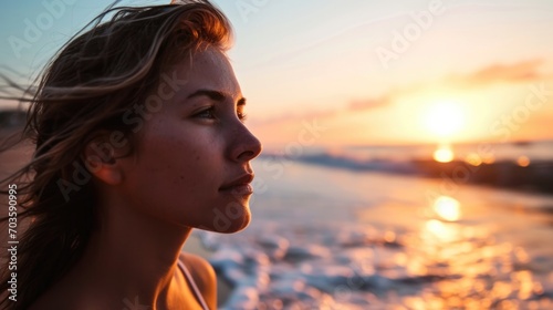 Woman with a serene expression on a serene beach at sunrise, ocean background generative ai © Kelly