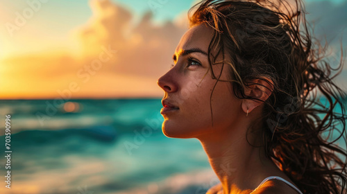 Woman with a serene expression on a serene beach at sunrise, ocean background generative ai © Kelly