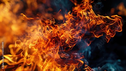 Close up view of fire burning on a black background. This image can be used to depict concepts such as heat, energy, danger, destruction, or even passion.