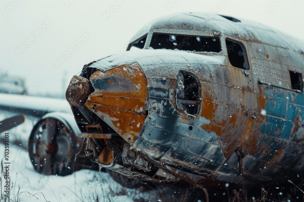 An old airplane sitting in a snowy landscape. Perfect for aviation enthusiasts or winter-themed designs