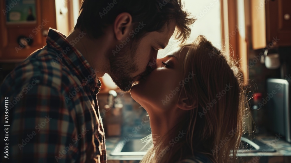 A romantic moment captured as a man and a woman share a passionate kiss in the kitchen. Perfect for illustrating love and intimacy in everyday life A romantic moment captured as a man and a woman share a passionate kiss in the kitchen. Perfect for illustrating love and intimacy in everyday life