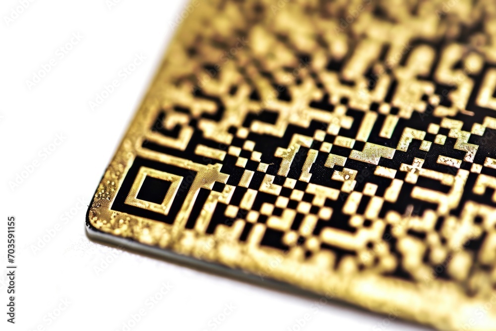 A detailed close-up of a gold plate featuring a QR code. This image can be used for technology, digital marketing, or business-related projects A detailed close-up of a gold plate featuring a QR code. This image can be used for technology, digital marketing, or business-related projects