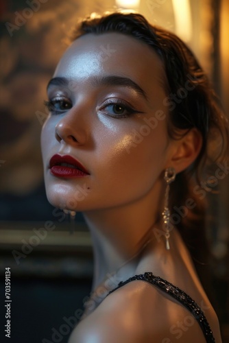 A woman wearing a stylish black dress and bold red lipstick. Perfect for fashion magazines and beauty blogs