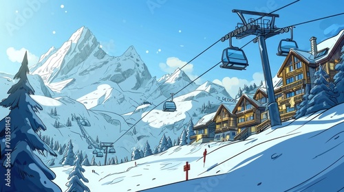 A ski lift going up the side of a mountain. Suitable for travel and winter sports themes