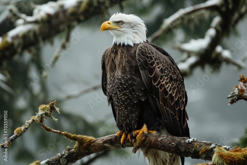 A majestic bald eagle perched on a tree branch. Ideal for nature and wildlife-themed projects