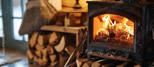 Wood logs fuel a cast iron stove with clean combustion.