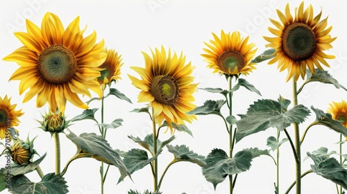 A vibrant group of yellow sunflowers with lush green leaves. Perfect for adding a touch of nature to any project