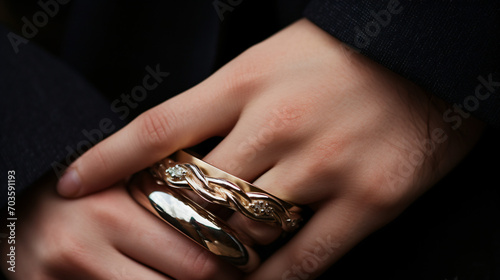 A pair of intertwined hands with matching wedding rings symbolizing unity and commitment.