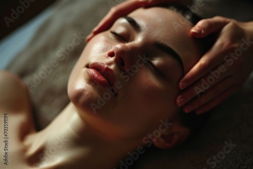 A woman is shown receiving a relaxing facial massage at a spa. This image can be used to promote spa services and wellness treatments