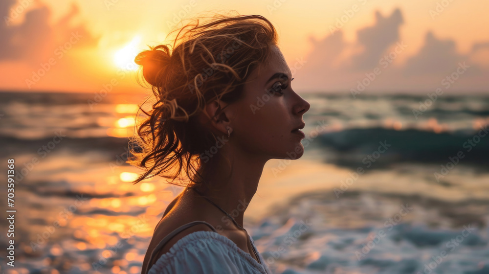 Woman with serene expression gazing at the sunset on a peaceful beach, ocean background generative ai