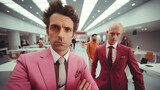 Quirky and eccentric office workers - pink suits - offbeat humor - low angle shot 