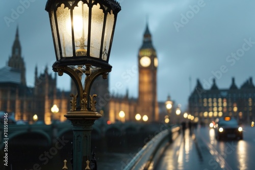 A street light illuminating a clock tower in the background. Suitable for depicting urban landscapes and the passage of time